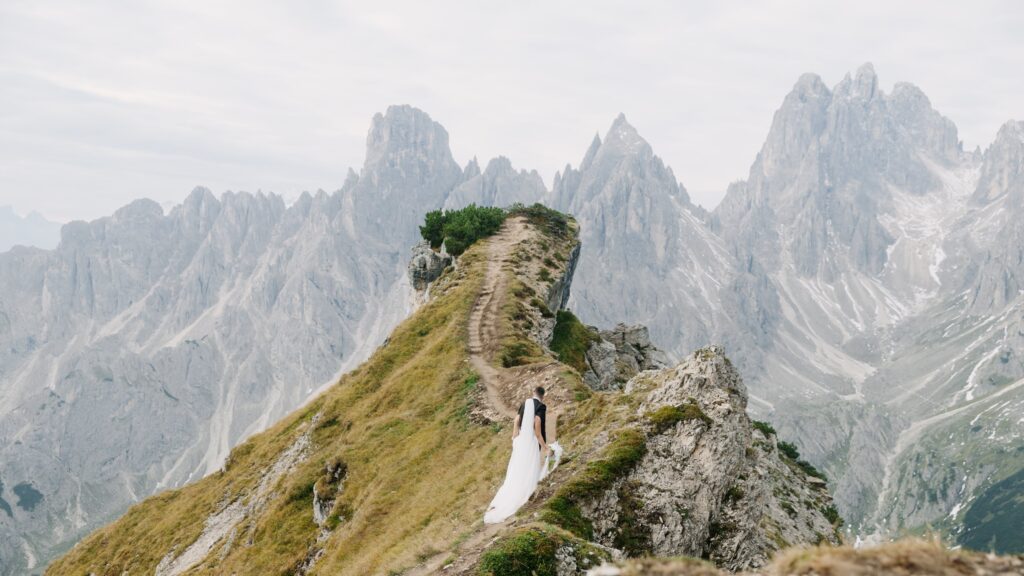 Elopement Couple Kiss in the Dolomites, Italy